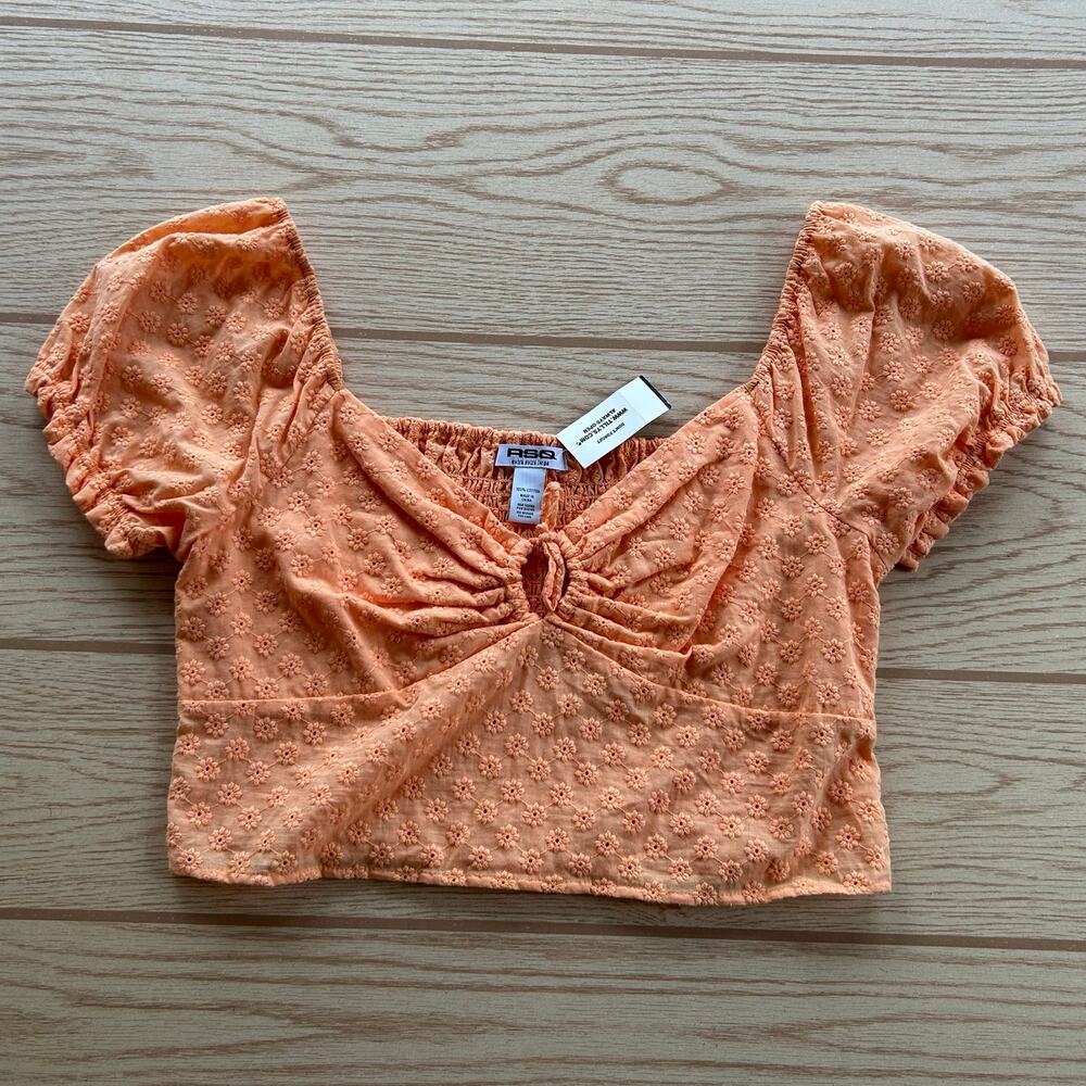 NWT Tilly's RSQ Puff Sleeve Keyhole Eyelet Crop Top Women's Size XXL Orange New